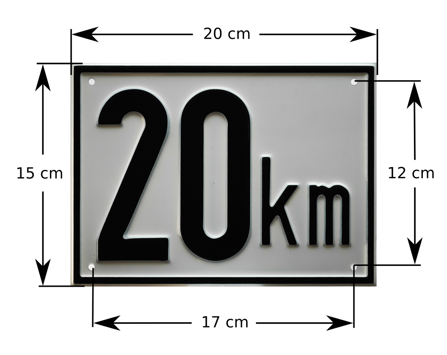 Kmh Schild mit den Außenabmessungen und den Lochabmessungen für die Montage zur Kennzeichnung der maximal zulässigen Geschwindigkeit des jeweiligen Gefährts.