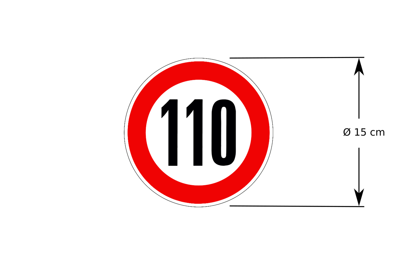 110 kmh Aufkleber und Bemaßung des Außendurchmessers.