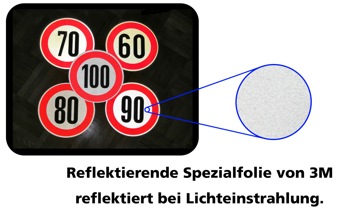 Variantenübersicht der kmh Aufkleber mit reflektierender Folie.