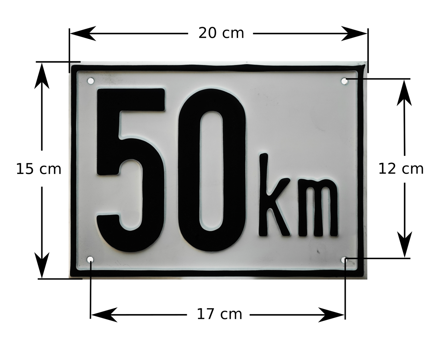 Kmh Schild mit den Außenabmessungen und den Lochabmessungen für die Montage zur Kennzeichnung der maximal zulässigen Geschwindigkeit des jeweiligen Gefährts.