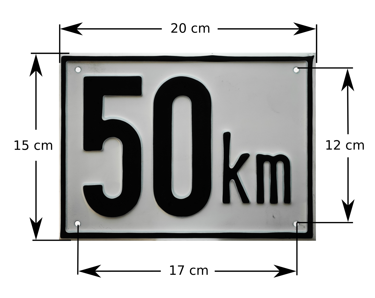 Kmh Schild mit den Außenabmessungen und den Lochabmessungen für die Montage zur Kennzeichnung der maximal zulässigen Geschwindigkeit des jeweiligen Gefährts.