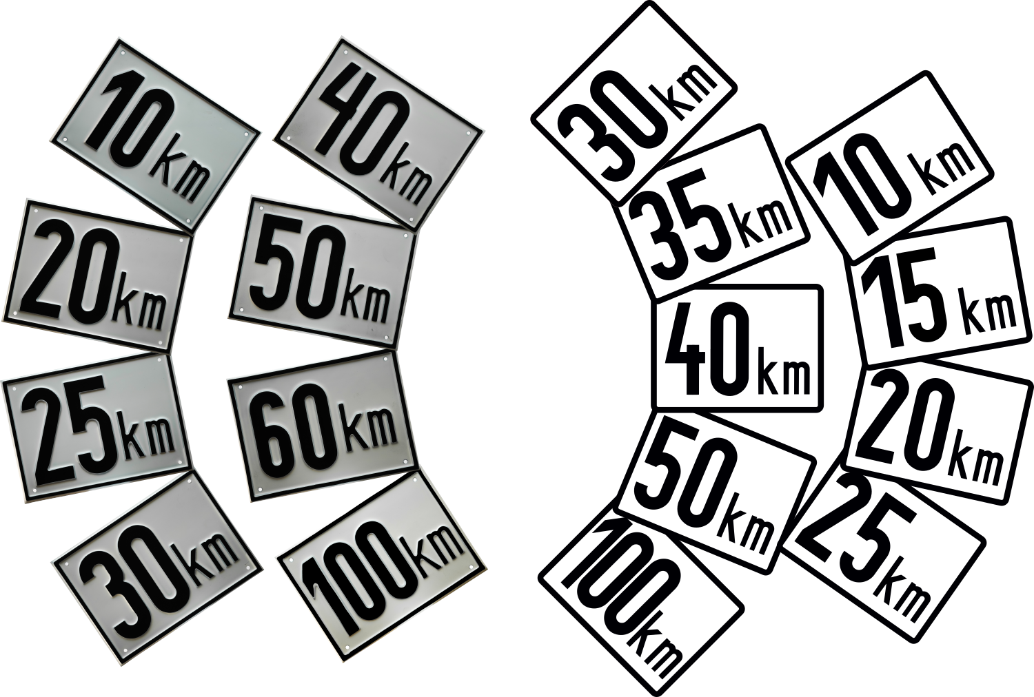 Übersicht der verschiedenen Varianten der kmh Aufkleber und kmh Schilder aus Aluminium.