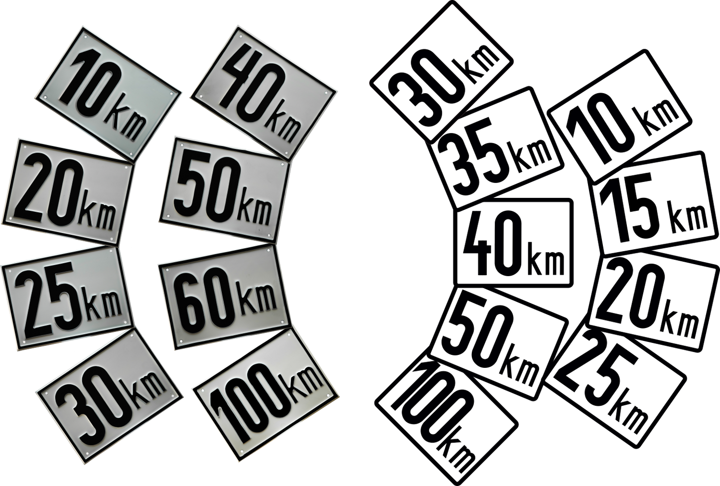 Übersicht der verschiedenen Varianten der kmh Aufkleber und kmh Schilder aus Aluminium.