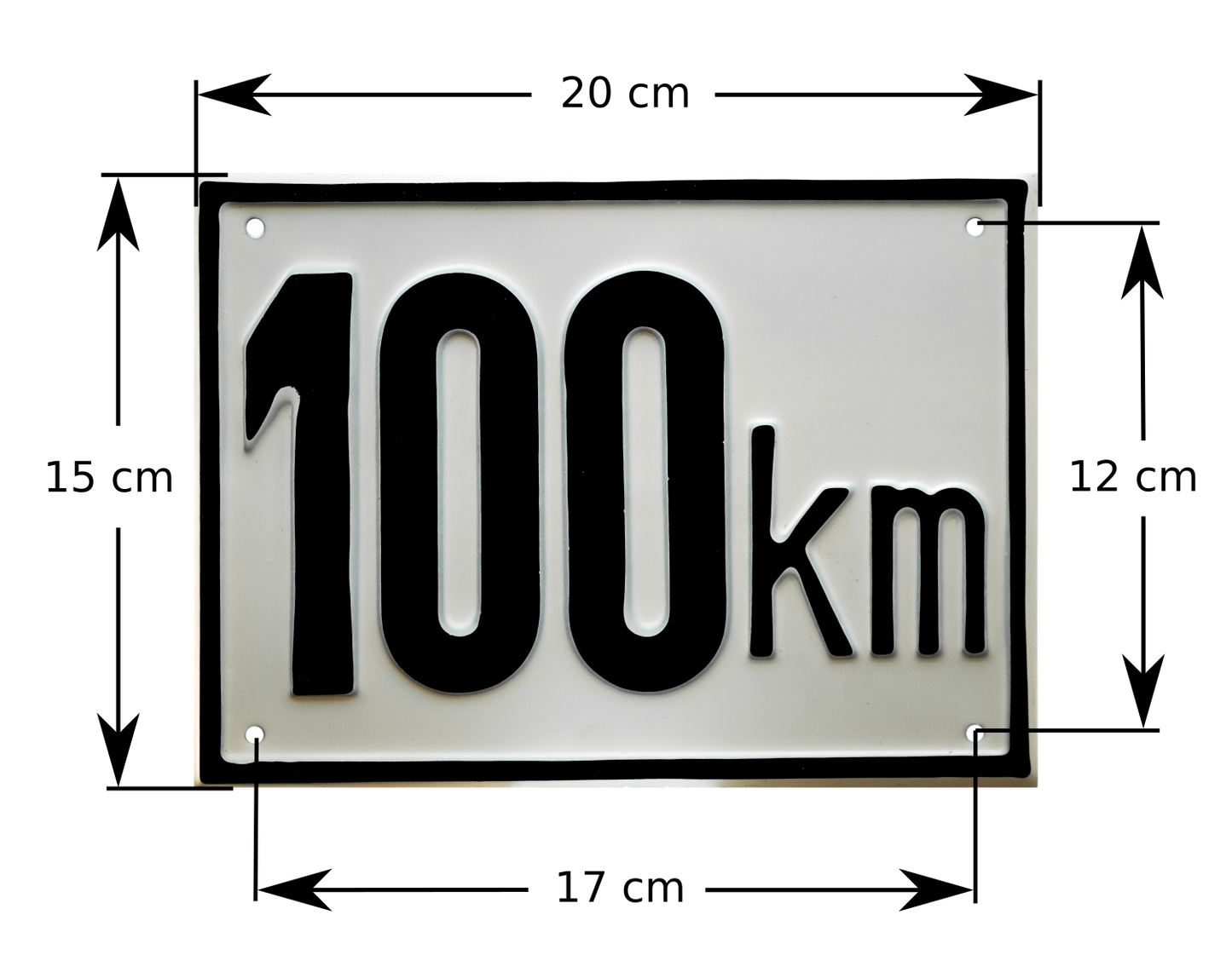 Kmh Schild mit den Außenabmessungen und den Lochabmessungen für die Montage zur Kennzeichnung der maximal zulässigen Geschwindigkeit des jeweiligen Gefährts.