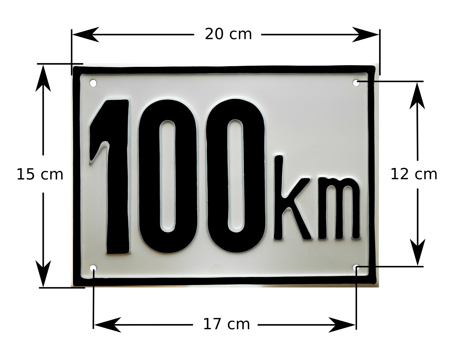 Kmh Schild mit den Außenabmessungen und den Lochabmessungen für die Montage zur Kennzeichnung der maximal zulässigen Geschwindigkeit des jeweiligen Gefährts.