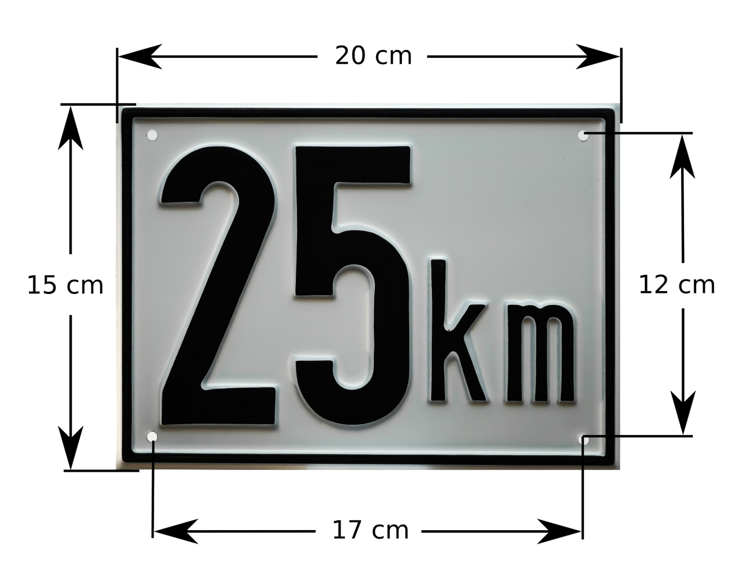Kmh Schild mit den Außenabmessungen und den Lochabmessungen für die Montage zur Kennzeichnung der maximal zulässigen Geschwindigkeit des jeweiligen Gefährts.