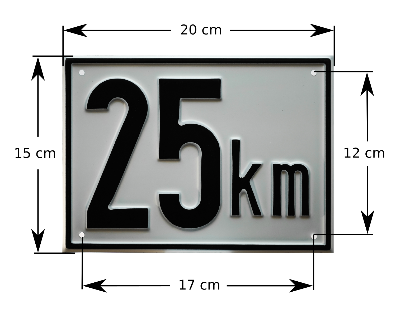 Kmh Schild mit den Außenabmessungen und den Lochabmessungen für die Montage zur Kennzeichnung der maximal zulässigen Geschwindigkeit des jeweiligen Gefährts.