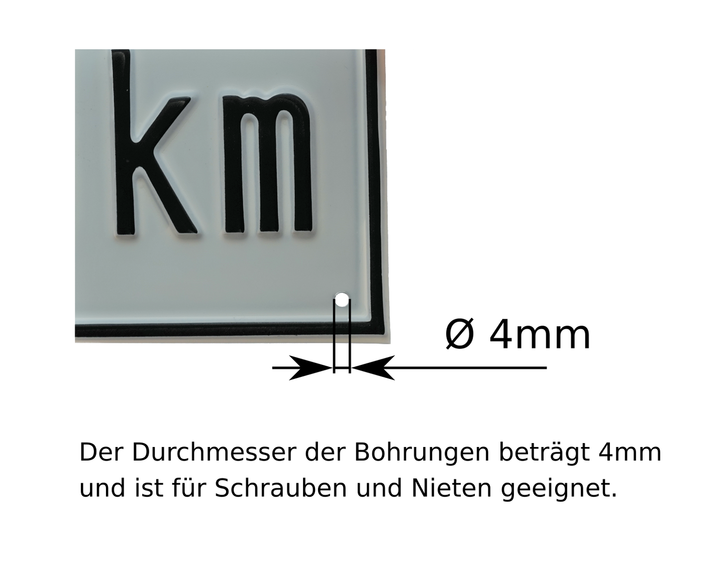 Kmh Schild mit den Abmessungen der Bohrung für die Montage zur Kennzeichnung der maximal zulässigen Geschwindigkeit des jeweiligen Gefährts.