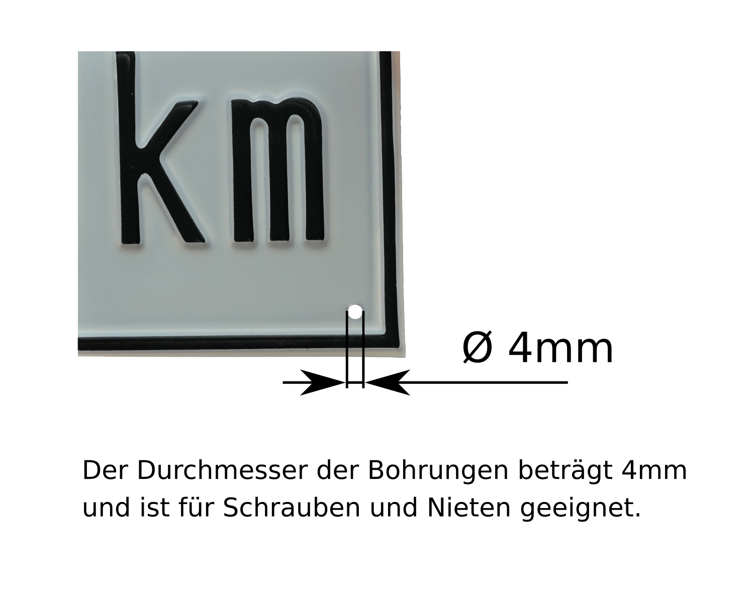 Kmh Schild mit den Abmessungen der Bohrung für die Montage zur Kennzeichnung der maximal zulässigen Geschwindigkeit des jeweiligen Gefährts.