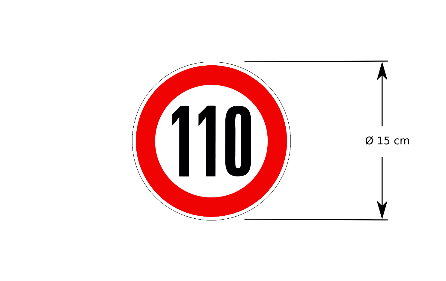 110 kmh Aufkleber und Bemaßung des Außendurchmessers.
