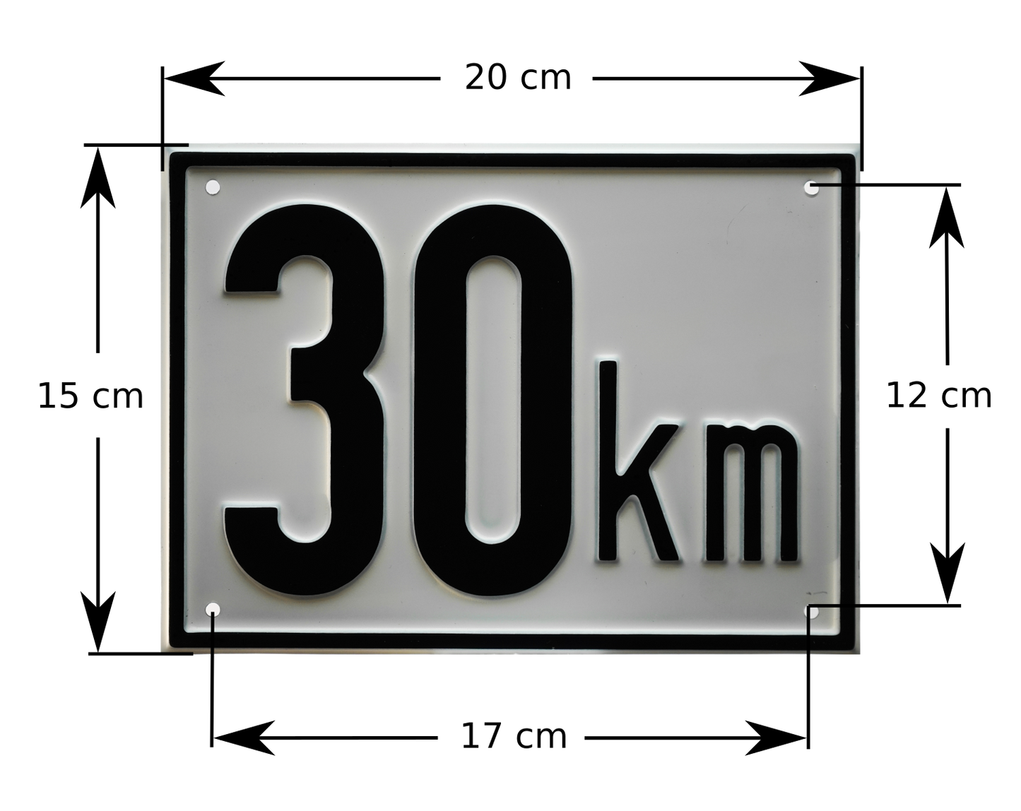 Kmh Schild mit den Außenabmessungen und den Lochabmessungen für die Montage zur Kennzeichnung der maximal zulässigen Geschwindigkeit des jeweiligen Gefährts.
