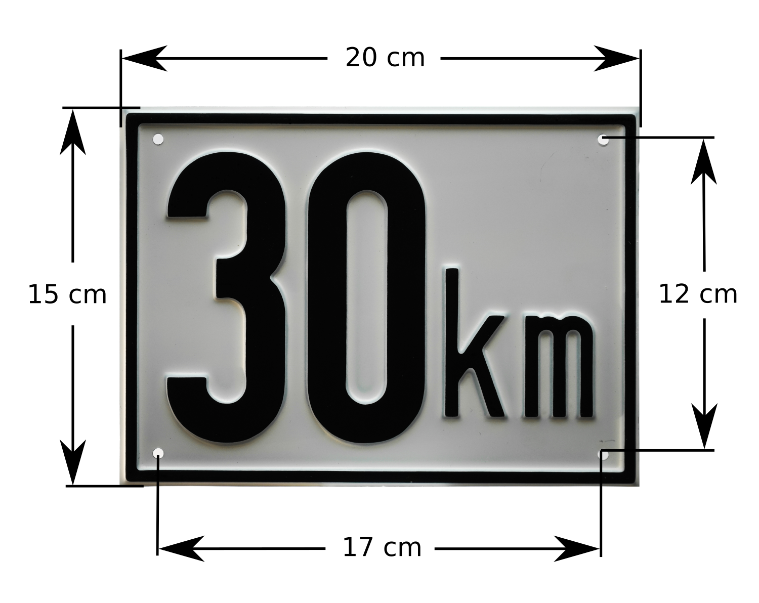 Kmh Schild mit den Außenabmessungen und den Lochabmessungen für die Montage zur Kennzeichnung der maximal zulässigen Geschwindigkeit des jeweiligen Gefährts.